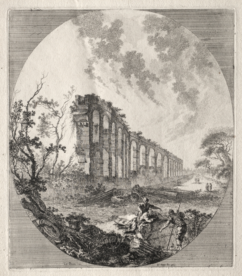 Ancient Ruins: Ancient Aqueduct, an etching of a vast Roman aqueduct